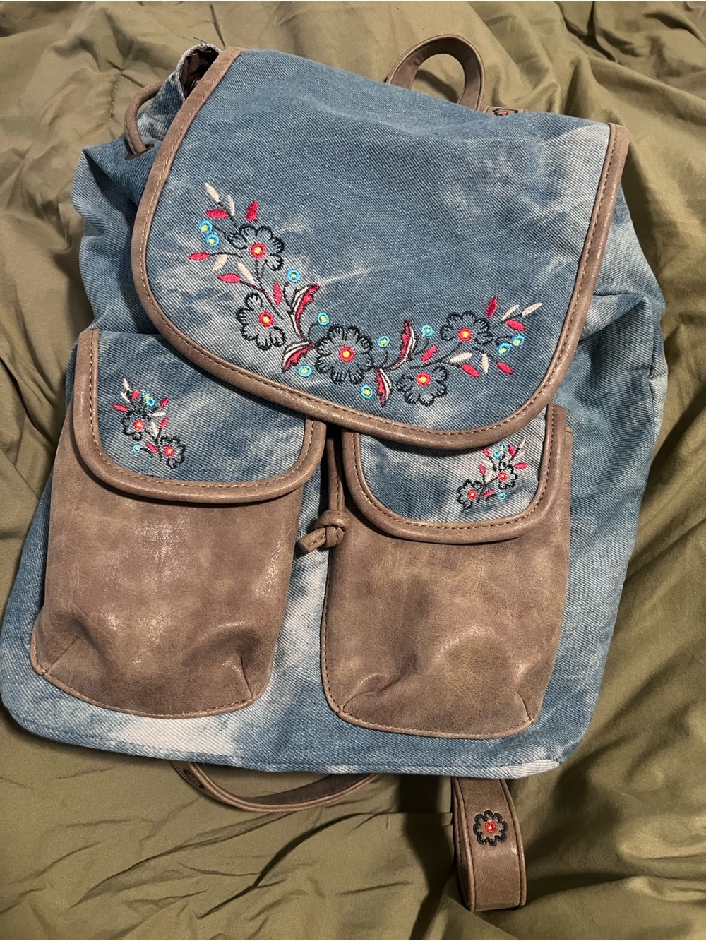Embroidered Denim and Brown Faux-Leather Backpack - Blue/Brown